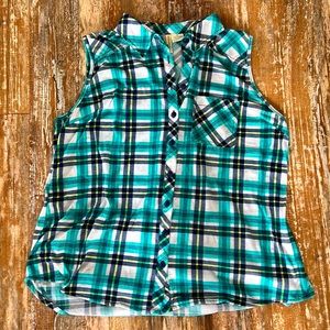 PASSPORT blue/green (teal) plaid tank top for women (juniors) size XL